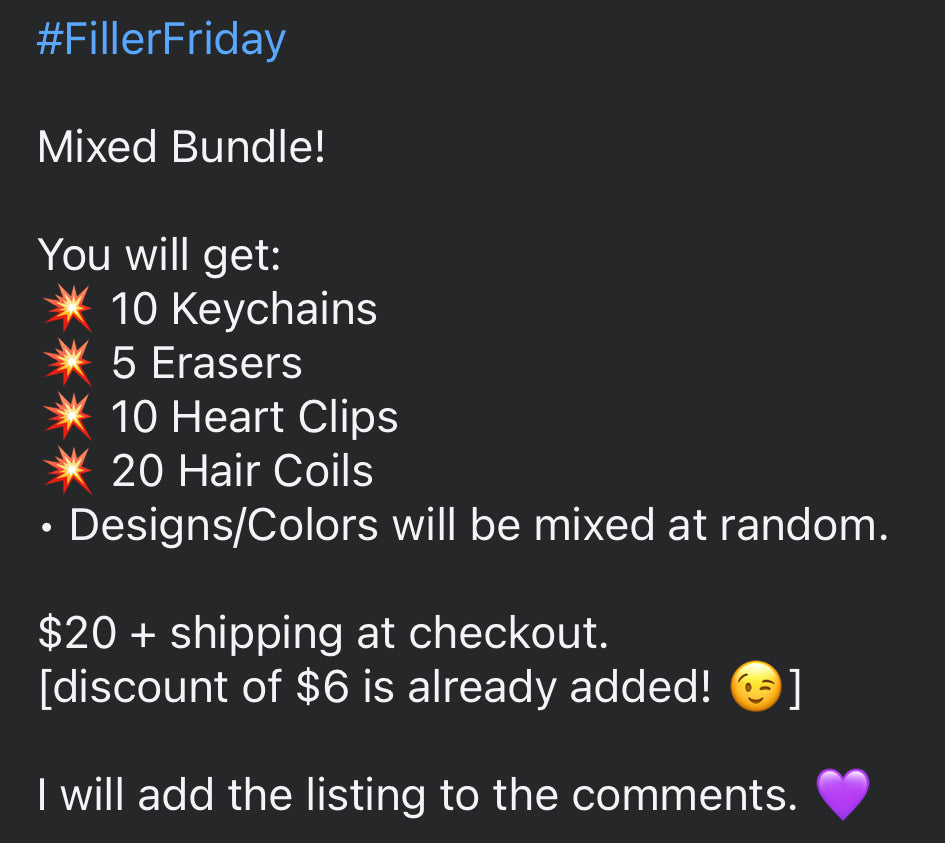 Filler Friday Mixed Bundle - 10 Keychains, 10 Heart Clips, 5 Erasers, 20 Hair Coils